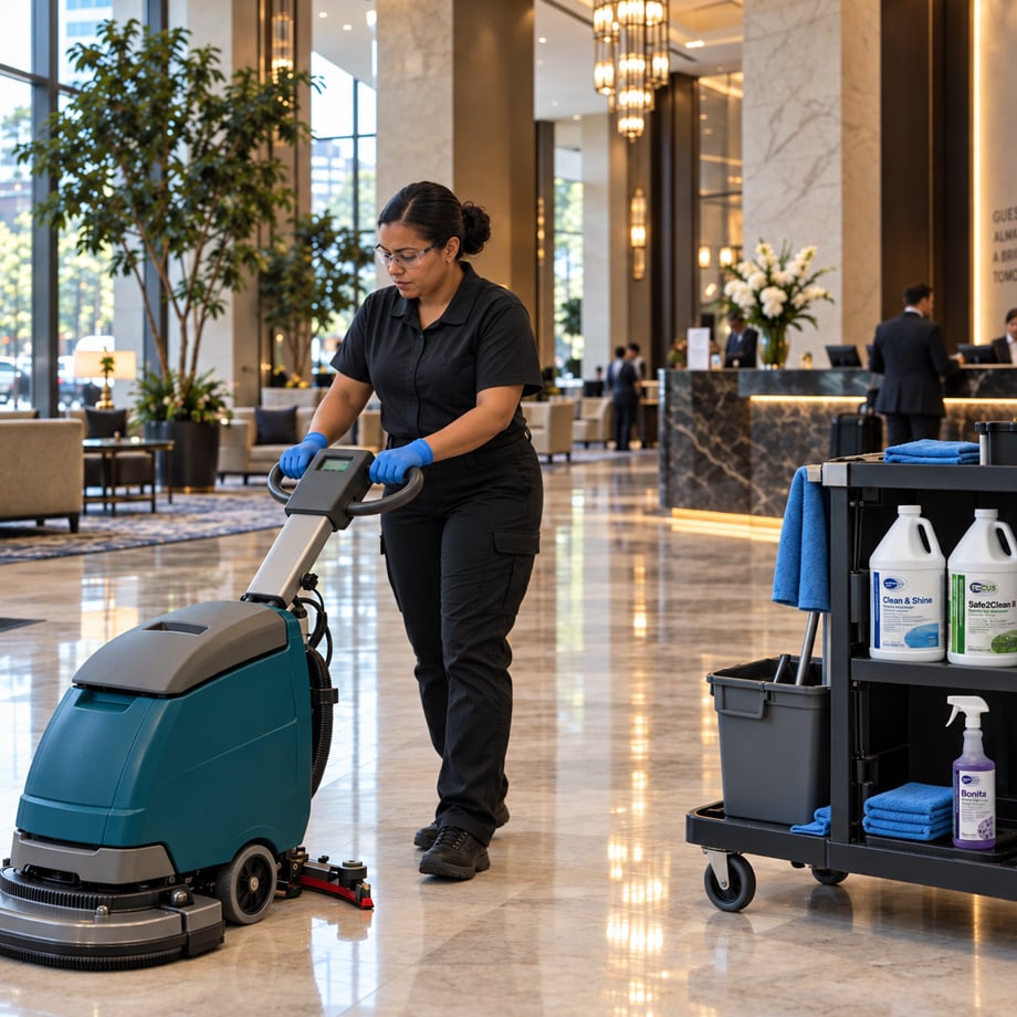 Commercial cleaning chemicals used for floor care in a Georgia hotel facility