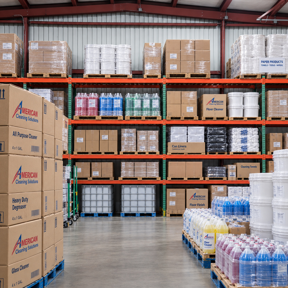 Wholesale cleaning supplies stocked in an Alabama commercial supply warehouse